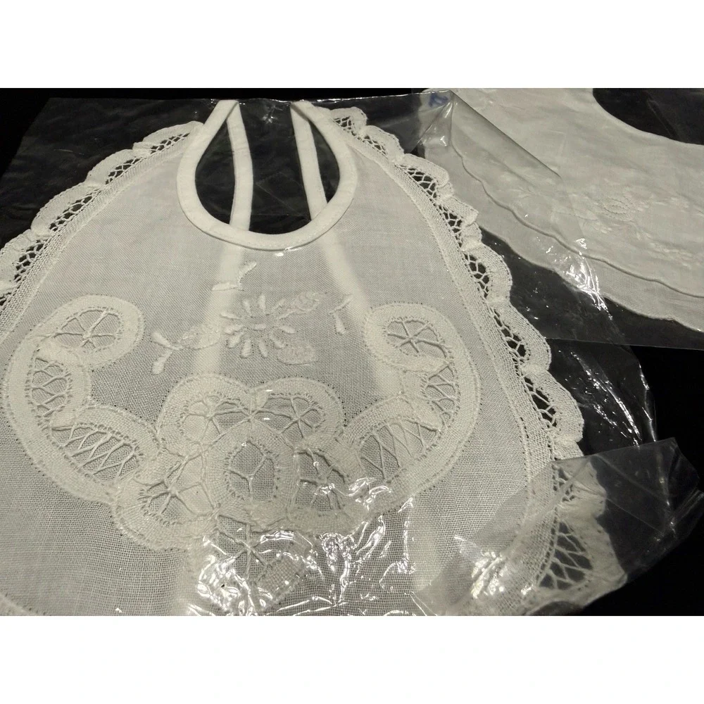 Lot of 3 New VTG White Floral Embroidery‎ Drawstring Doll Bibs